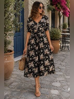 BROVAVE Black Floral Boho Midi Dress SZ L Cottagecore Romantic
